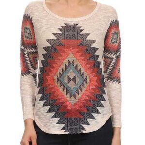 BOGO FREE, Dolman sleeve light weight knit sweater Aztec Southwest print, Medium